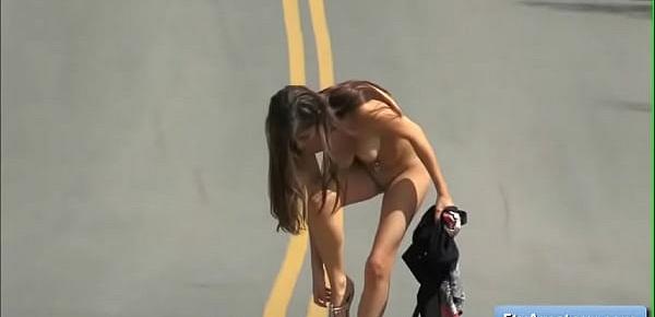 trendsSexy and naughty brunette teen girl amateur Nina reveal her pussy in the middle of the road